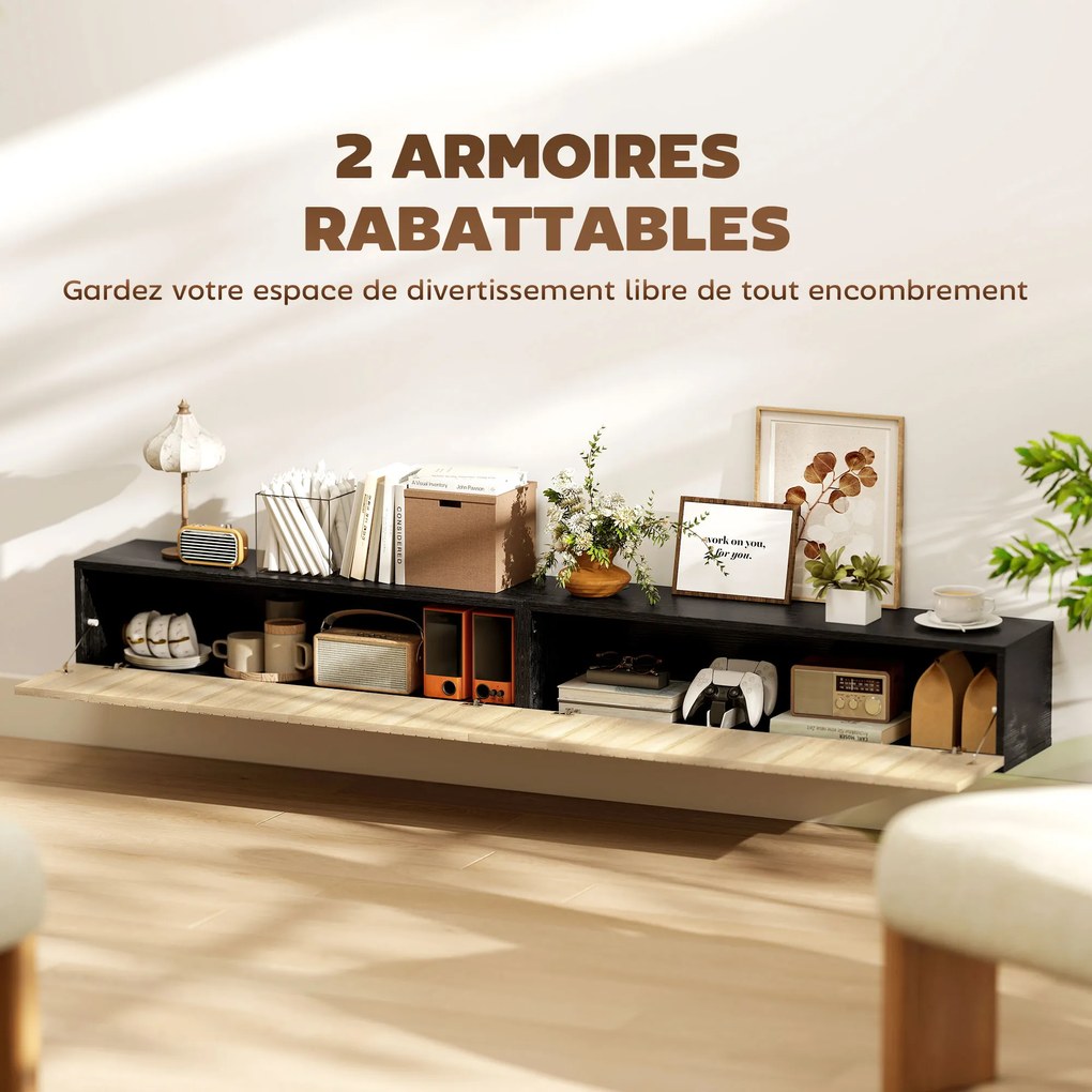 Móvel de televisão suspenso de 140 cm, móvel para televisor de 72 polegadas, 2 portas rebatíveis, 140 x 25 x 22 cm, madeira natural e preta