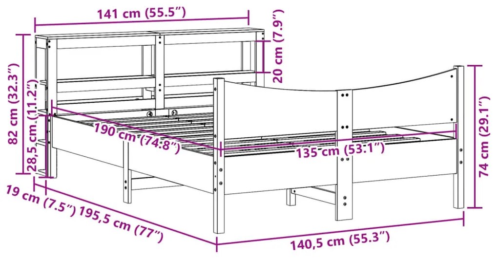 Estrutura cama c/ cabeceira 135x190 cm pinho maciço branco