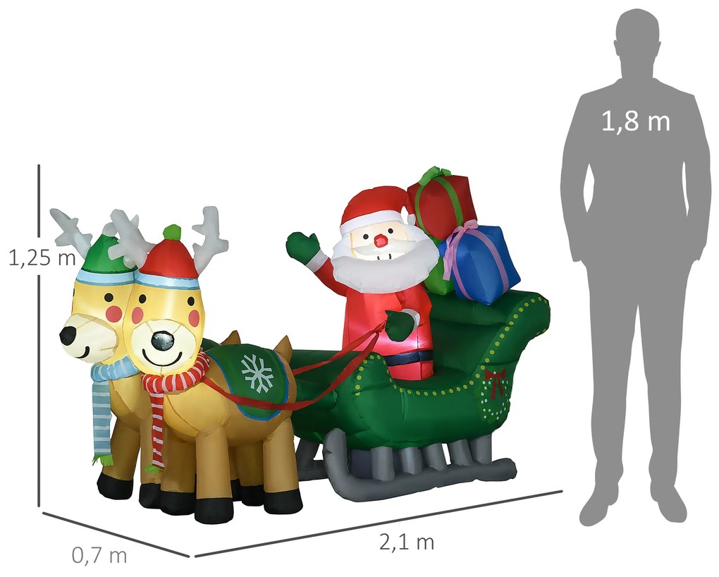 HOMCOM Decoração Insuflável de Natal Pai Natal com Trenó e 2 Renas Decoração de Natal com 4 Luzes LED para Jardim Pátio 210x70x125 cm Multicor