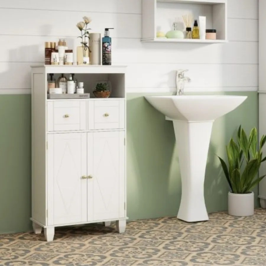Armário de casa de banho 56 x 30 x 108 cm com portas, Prateleiras e Gavetas branco