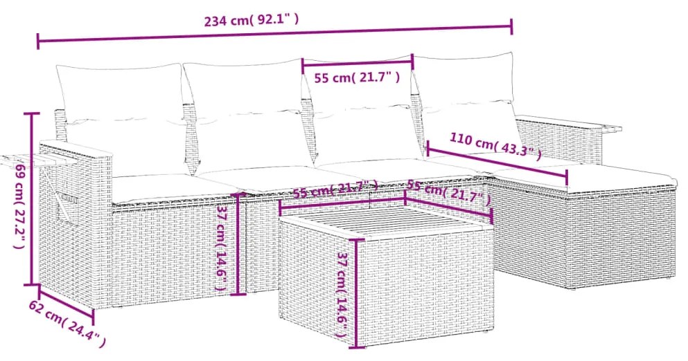 6 pcs conjunto sofás de jardim com almofadões vime cinzento