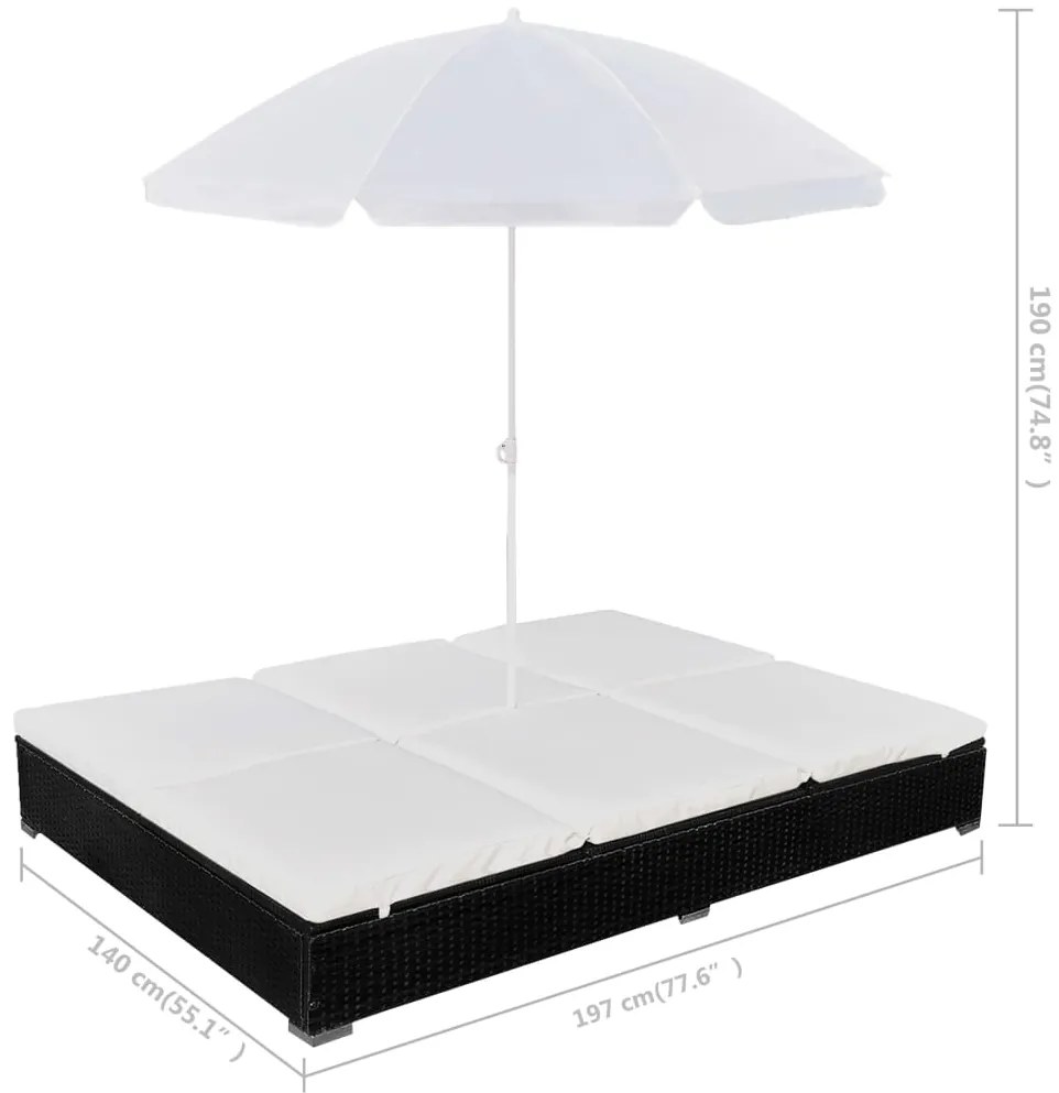 Espreguiçadeira de exterior com guarda-sol vime PE preto