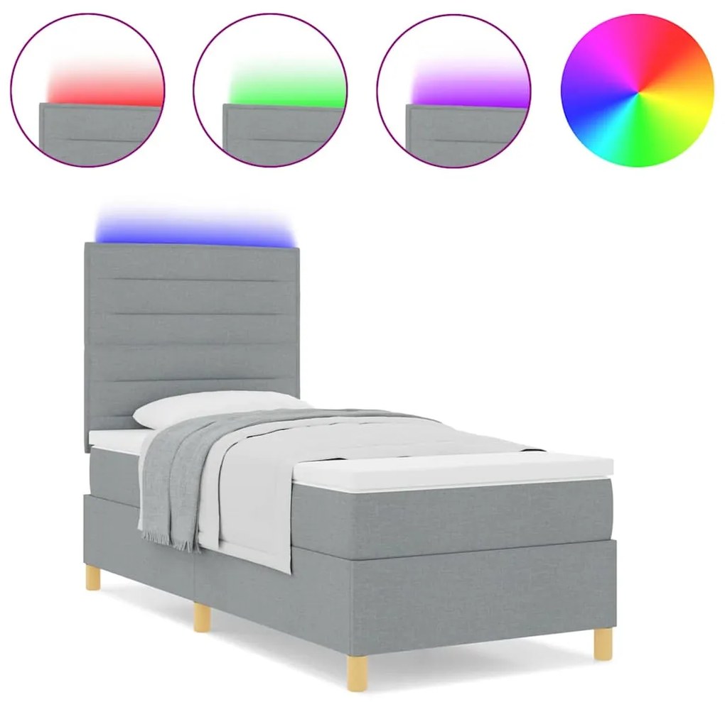 Cama Box com Colchão &amp; Luz LED Cinza Claro 90x200 cm Tecido