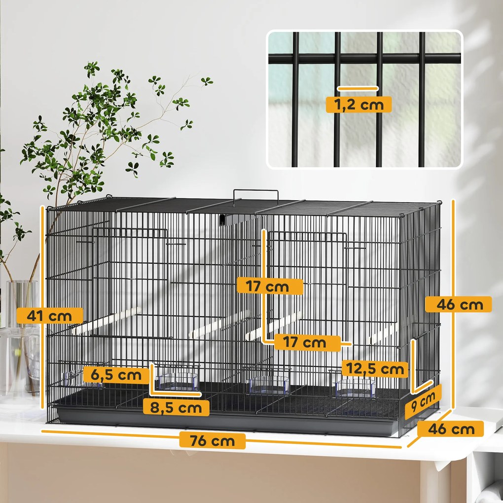 Gaiola para Pássaros com Divisória Gaiola para Aves com 4 Comedouros 4 Poleiros e Bandeja Amovível 76x46x46 cm Preto