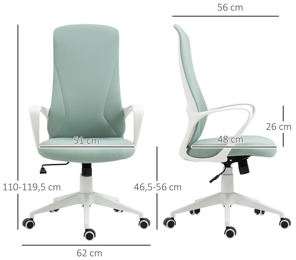 Cadeira de Escritório Ergonómica com Altura Ajustável Função de Inclinação e Encosto Alto 62x56x110-119,5 cm Verde