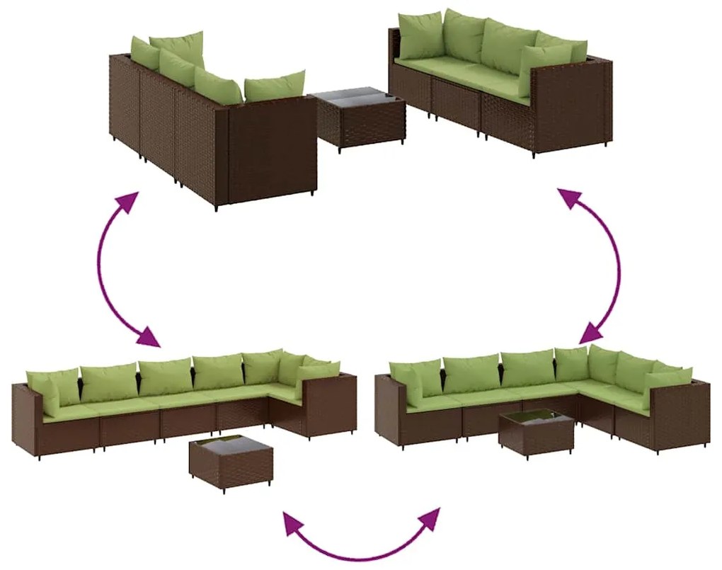 7 pcs conjunto lounge de jardim c/ almofadões vime PE castanho