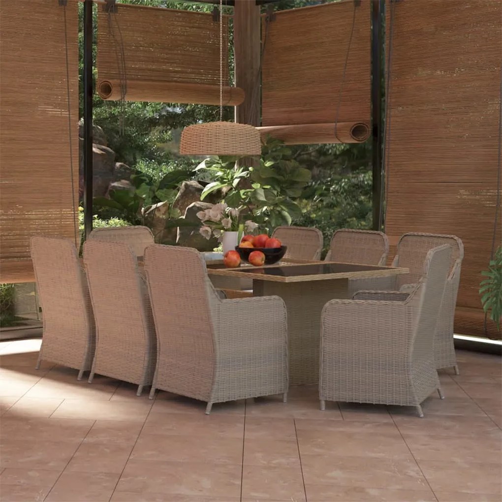 vidaXL 9 pcs conjunto de jantar para jardim vime PE castanho