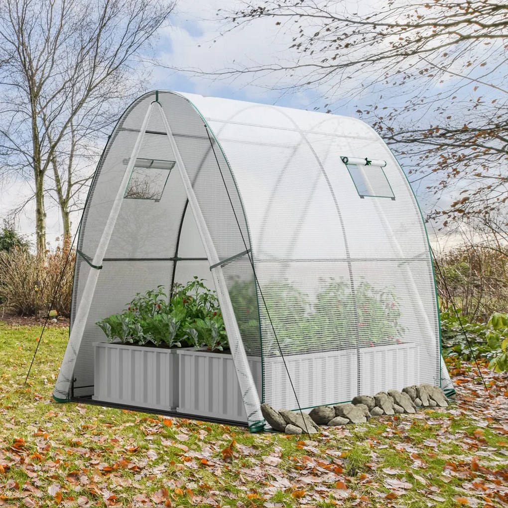 Estufa portátil para exterior com 2 portas com fecho de correr, 2 janelas enroláveis e bolsas laterais 181 x 181 x 200 cm Branca