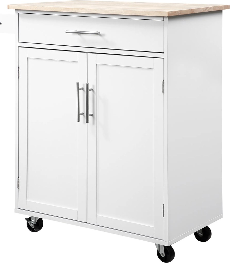Carro de serviço de cozinha com rodas Ilha de cozinha com gaveta de armário e suporte para panos de cozinha - branco