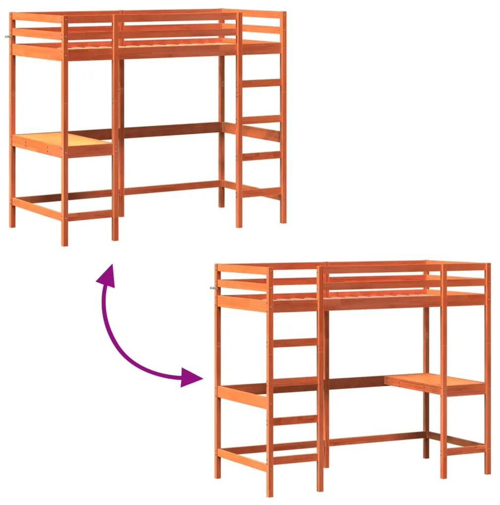 Cama alta c/ secretária 100x200 cm pinho maciço castanho-mel
