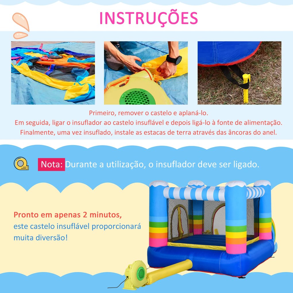 Outsunny Castelo Inflável com Trampolim e Piscina para Crianças acima de 3 Anos Inclui Inflador e Bolsa de Transporte para Interior Exterior 280x170x155cm Multicor