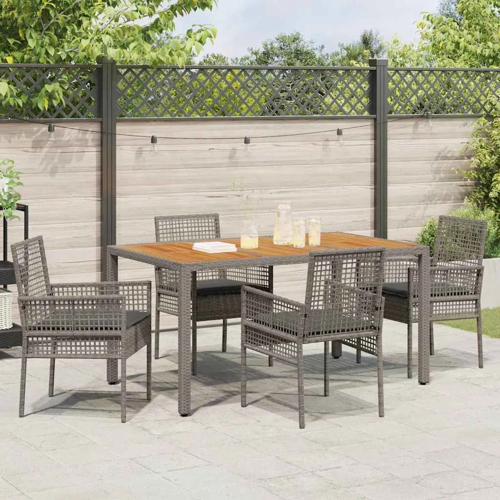 Conjunto de Jantar de 5 Peças com Almofadas Cinza Rattan Poliéster