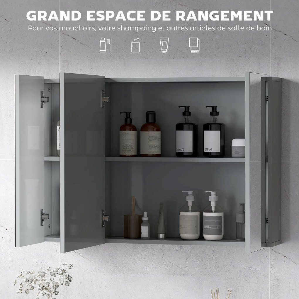 Armário de parede para casa de banho 90 x 15 x 60 cm com 3 portas espelhadas e prateleiras ajustáveis em MDF cinzento