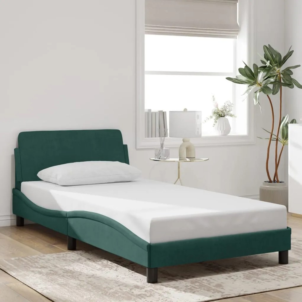 Estrutura de cama sem colchão 100x200 cm veludo verde-escuro