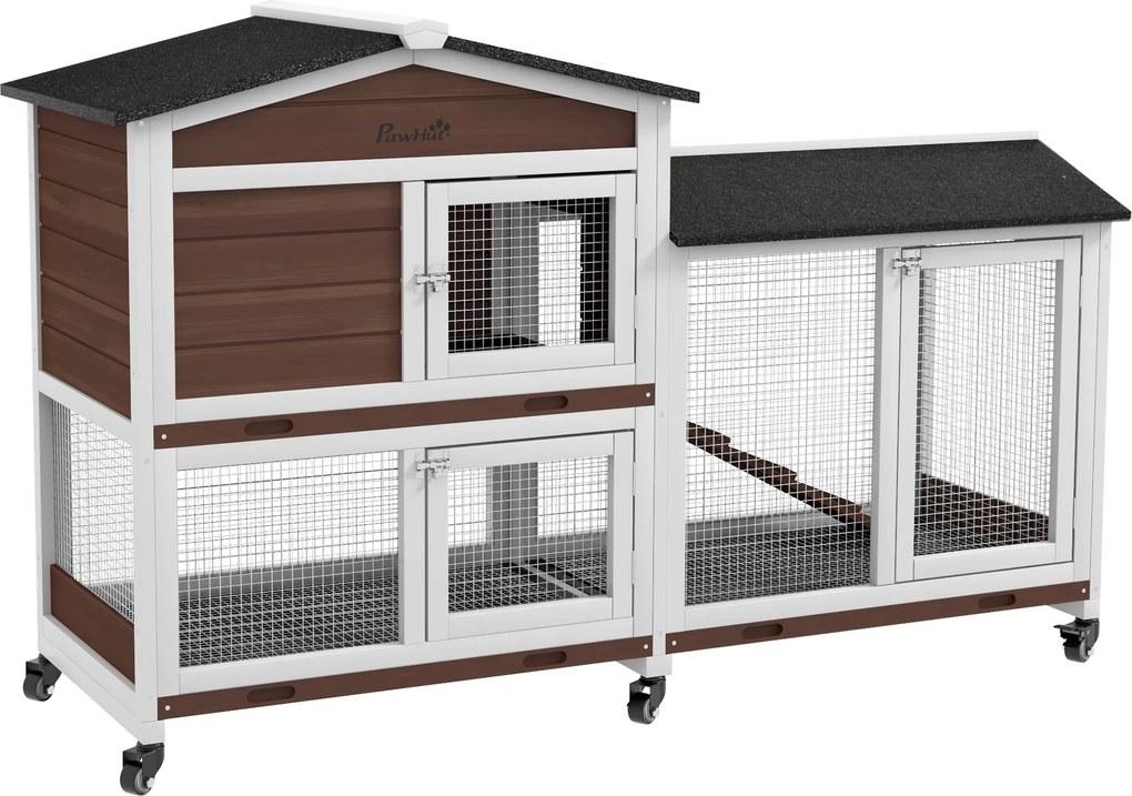 PawHut Gaiola Exterior 157,4x53x99,5cm Grande para Coelhos com Rodas Telhado Asfáltico Bandeja Extraível e Rampa Marrom | Aosom Portugal