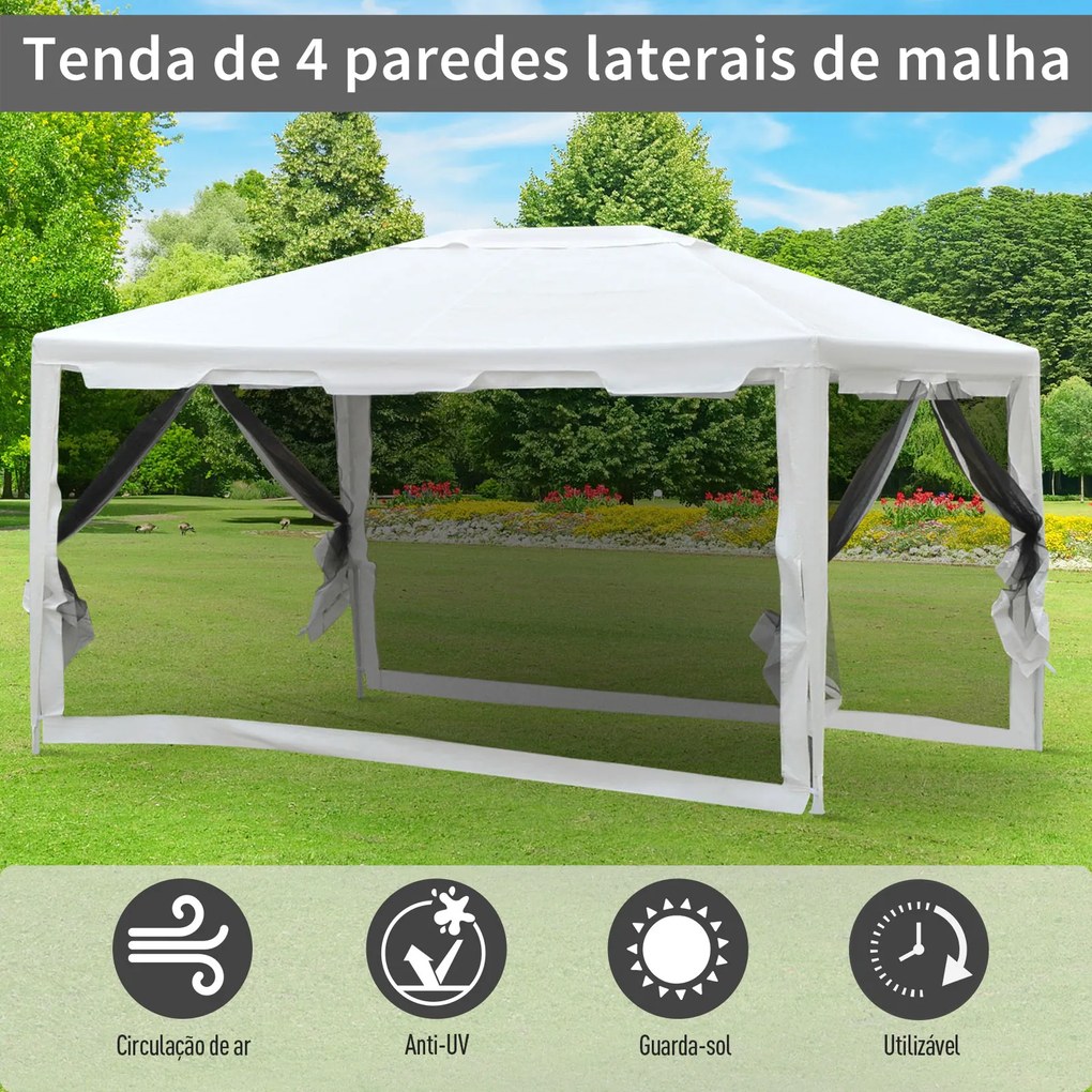 Tenda Pérgola de jardim 4x3 m com redes mosquiteiras laterais de telhado duplo e portas com fecho preto e branco