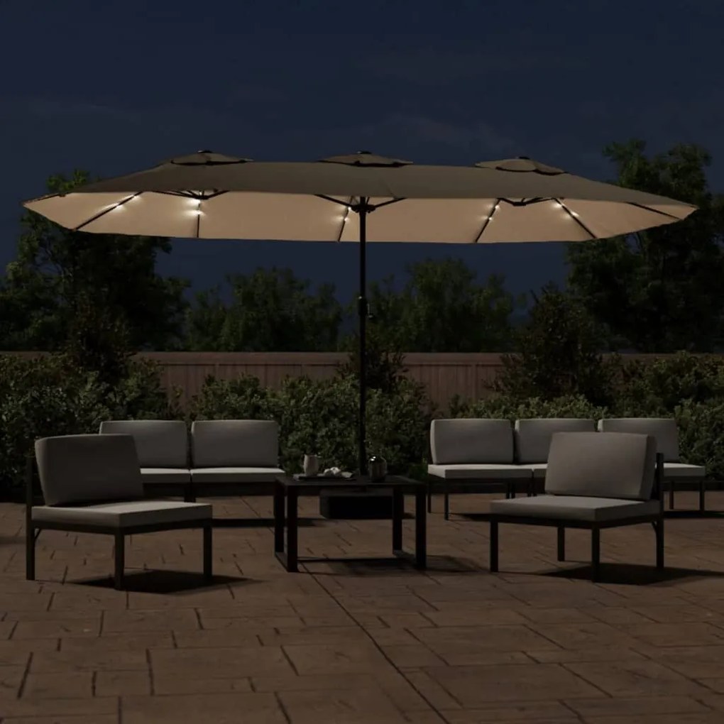 Guarda-sol de jardim cabeça dupla/LED 449x245cm cinza-acastanho