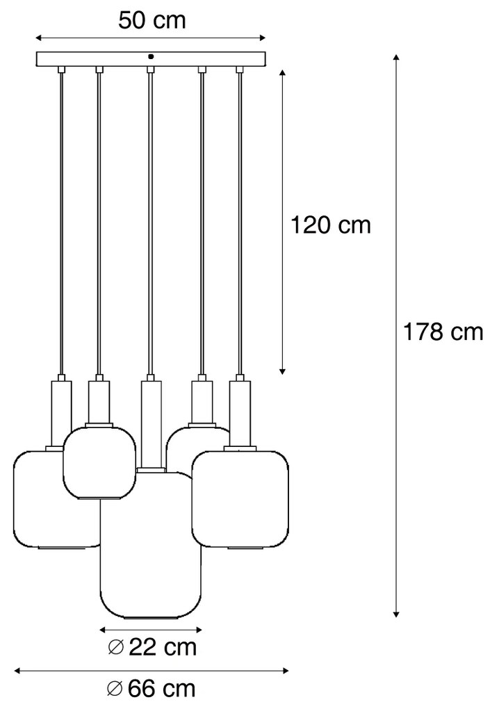 Candeeiro suspenso Hotel Chic preto e dourado com vidro verde 5 luzes - Zuzanna