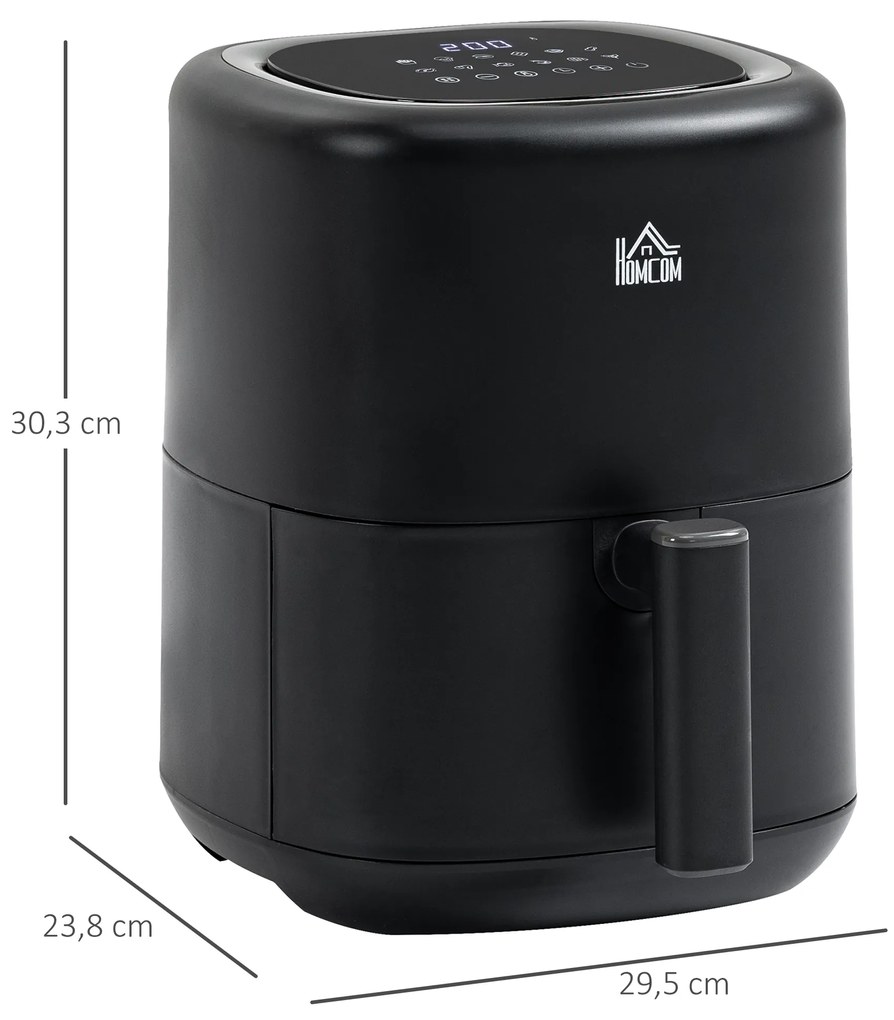 HOMCOM Fritadeira sem Óleo 3L Fritadeira de Ar Quente 1300W com 12 Programas Tela LED Tátil Temporizador Temperatura Ajustável e Cesta Antiaderente 29,5x23,8x30,3cm Preto