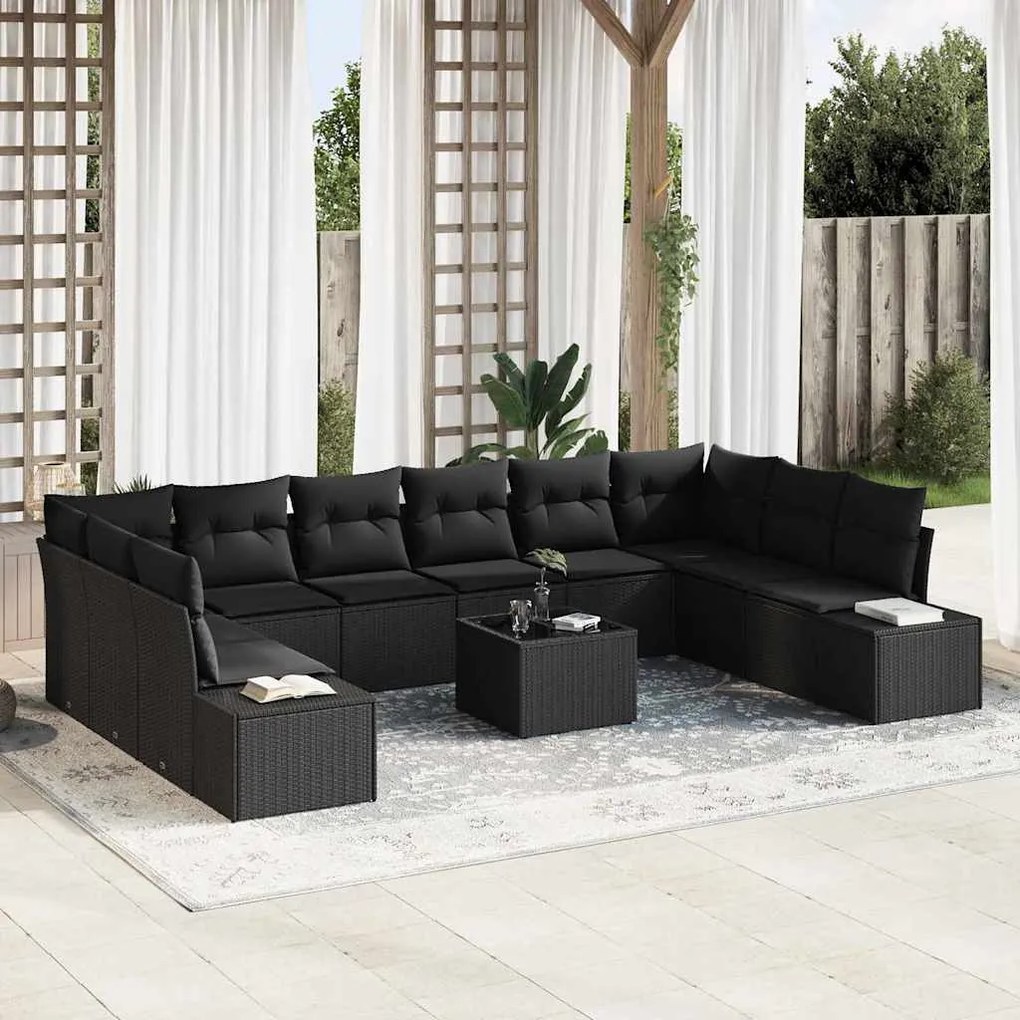 vidaXL Conjunto de Sofá de Jardim 11 pcs Preto Rattan de Polipropileno