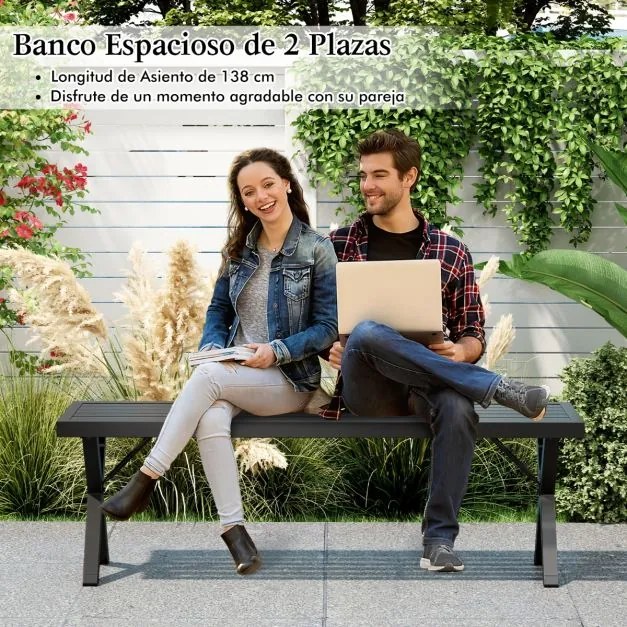 Banco de metal para jardim para 2 pessoas com assento de ripas e pernas X 138 x 36 x 46 cm Preto