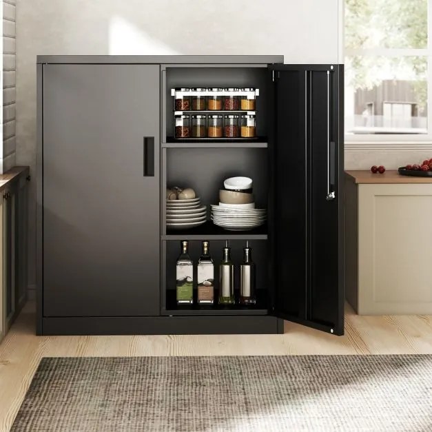 Armário de armazenamento metálico 80 x 40 x 91 cm com 2 portas com fechadura para garagem ou escritório com 2 prateleiras ajustáveis Preto