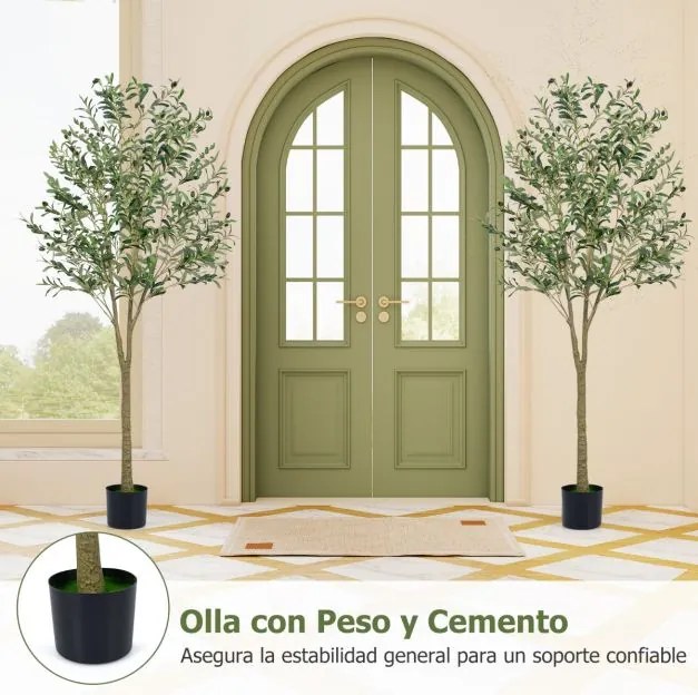 Conjunto de 2 oliveiras artificiais de 180 cm com vaso de plástico 1296 folhas 72 frutos Plantas verdes