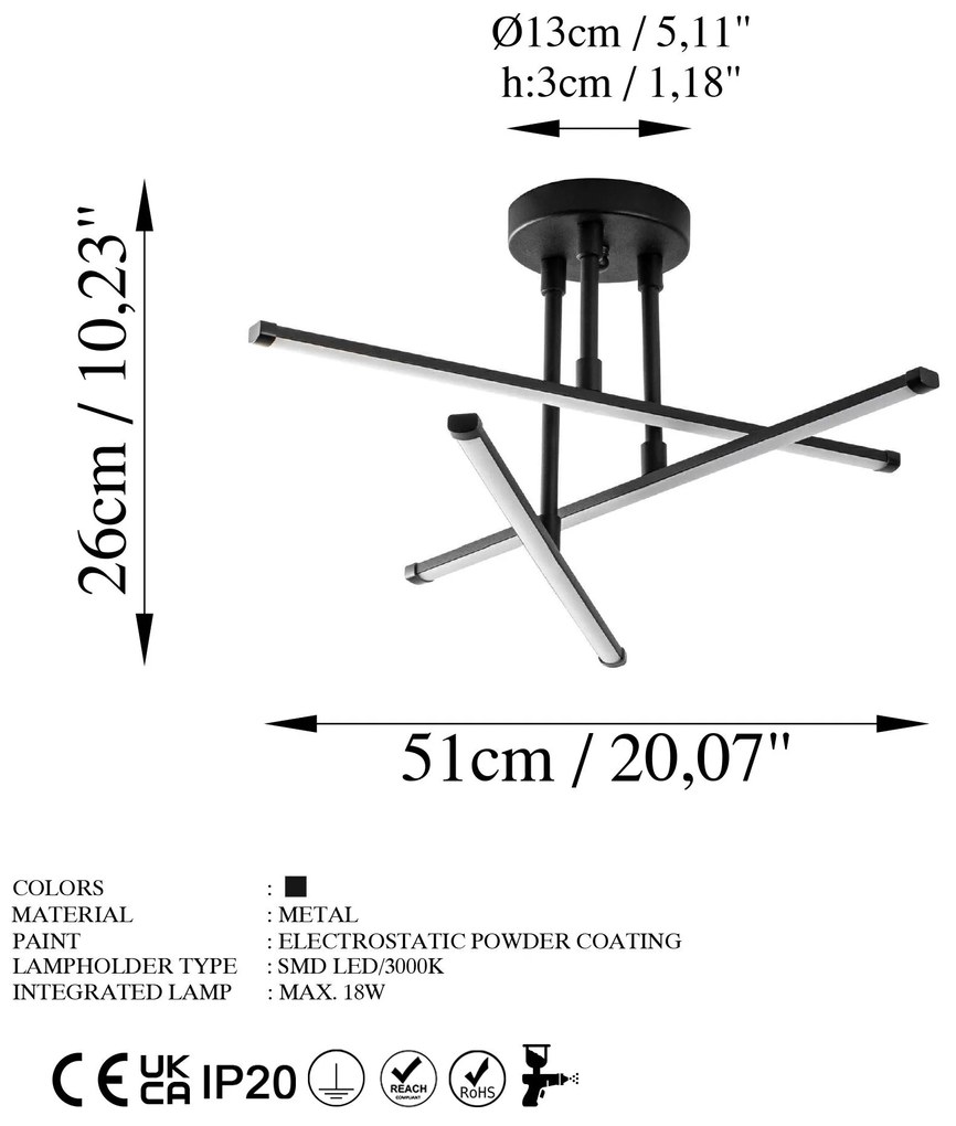 Candeeiro de Teto Ledflower – Preto – 51x26x51 cm
