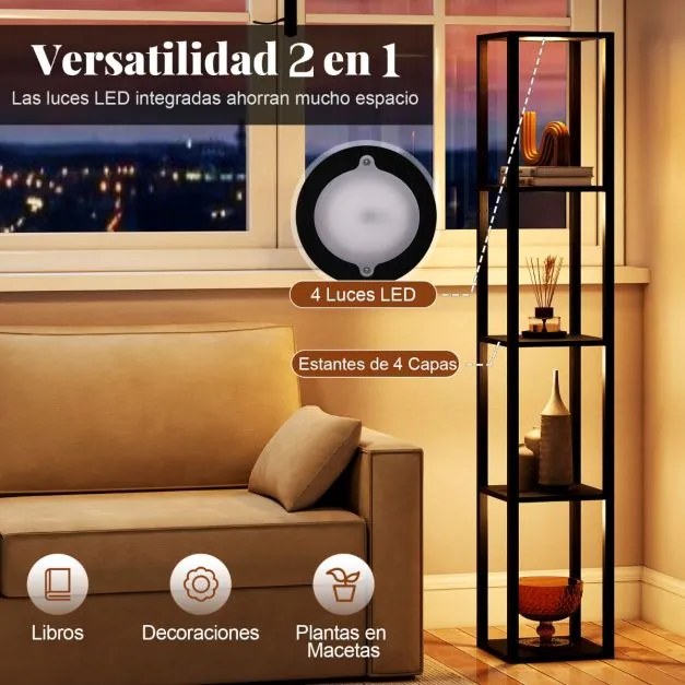 Candeeiro de pé 29 x 29 x 165 cm com prateleiras de 4 níveis Luz LED com 3 intensidades e interruptor de pé para quarto ou sala Preto