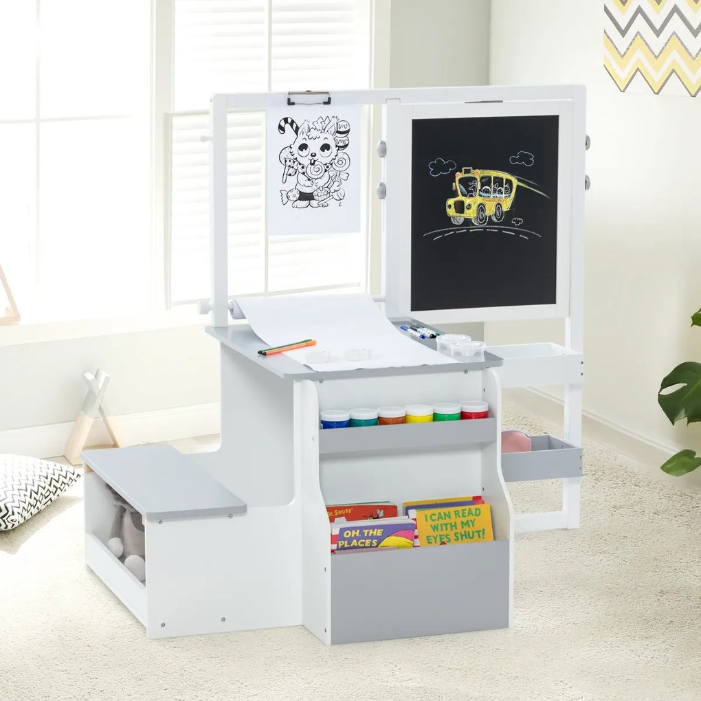 Conjunto de mesa e banco de arte para crianças com cavalete ajustável de dupla face, quadro magnético e rolos de papel substituíveis Branco e cinzento