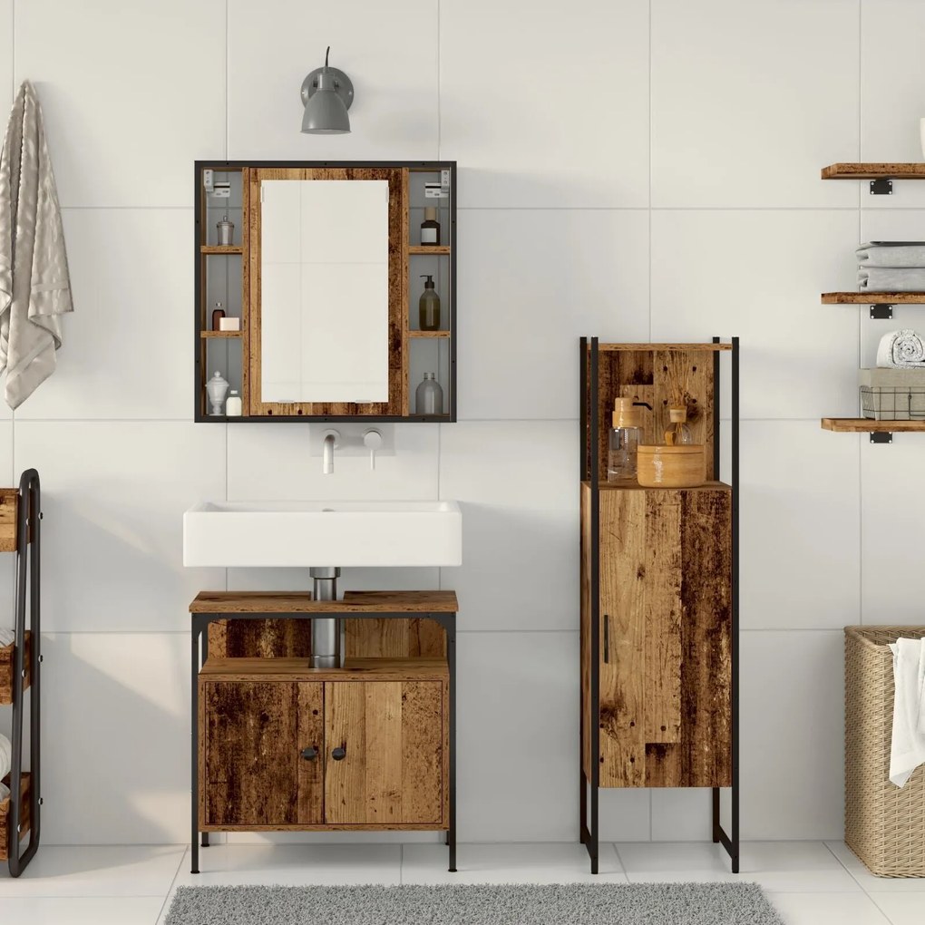 Conjunto de Móveis para Casa de Banho 3 Peças Madeira Velha