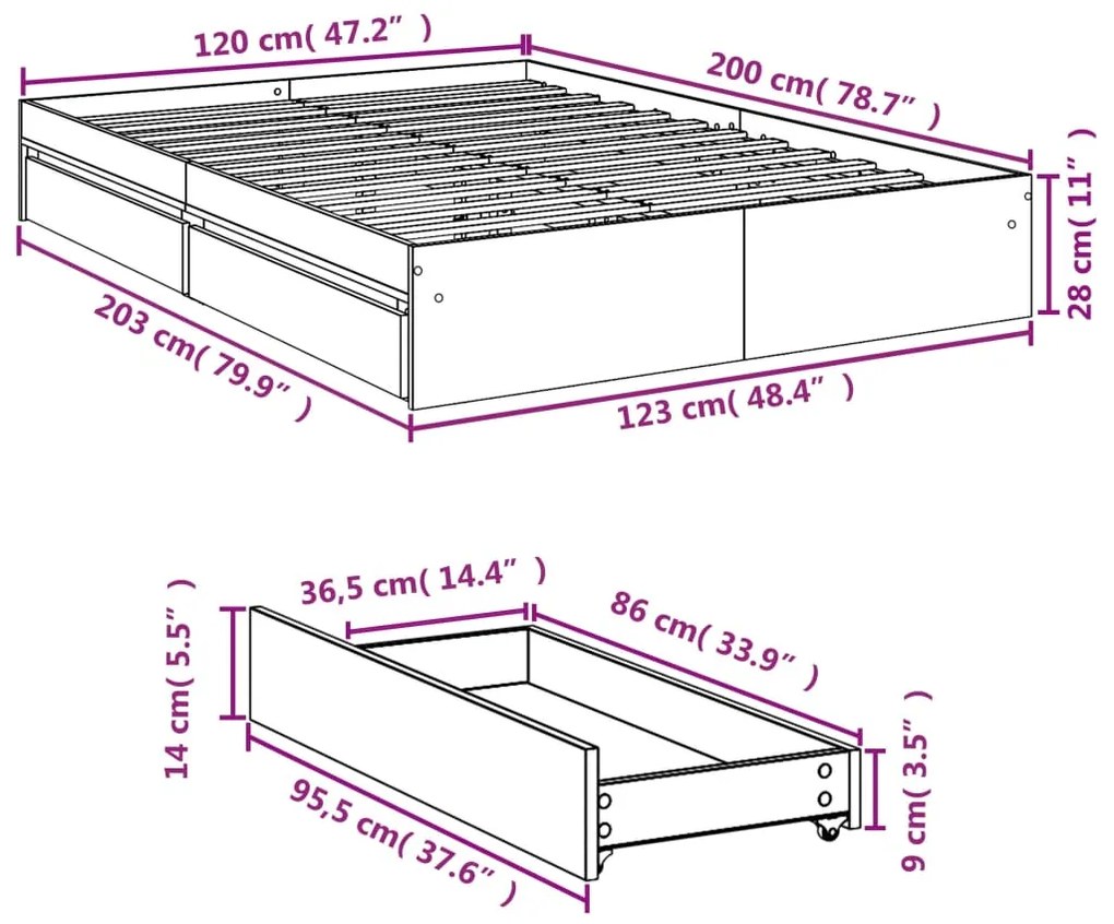Estrutura de cama c/ gavetas 120x200cm derivados madeira branco