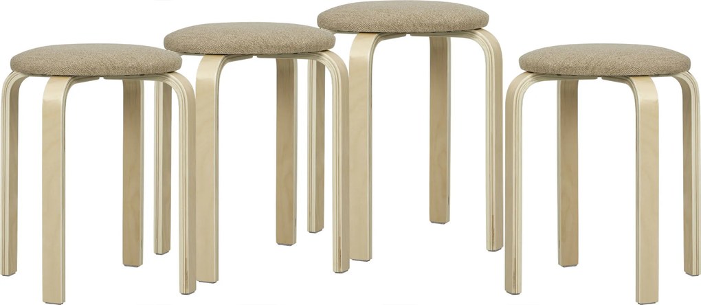 Conjunto de 4 Bancos Empilháveis Redondos (MESA NÃO INCLUIDA) Bancos Baixos de Cozinha com Assento Acolchoado Ø40x45 cm Caqui e Madeira