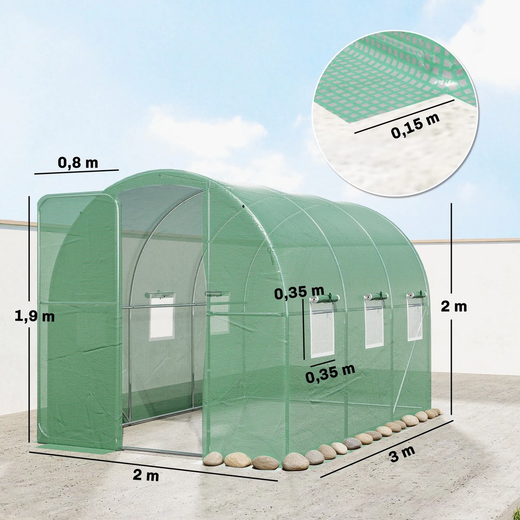 Estufa tipo túnel para jardim de 6 m², estufa tipo túnel para jardim com 200 x 300 x 200 cm, porta e 6 janelas, lona de PE de 140 g/m² verde