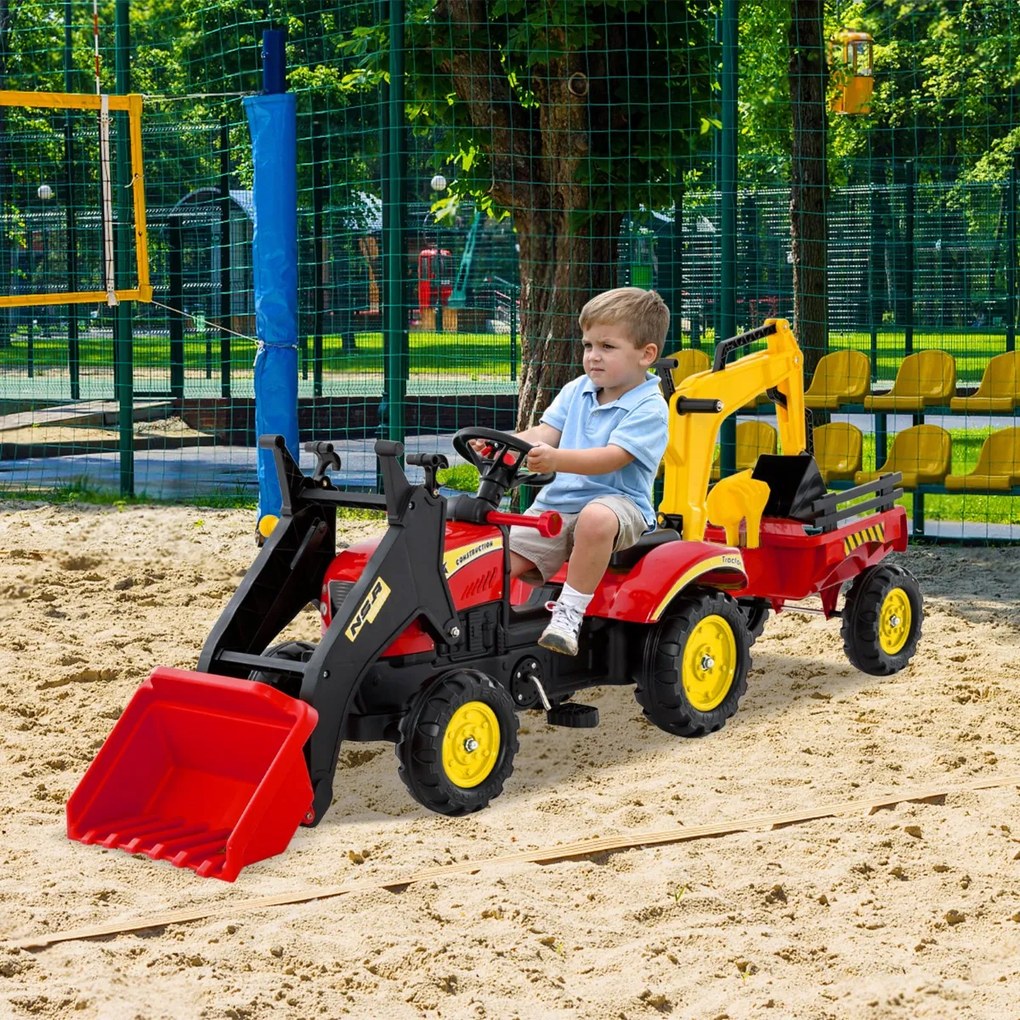 Trator escavadora de brincar com 6 rodas, pedais e reboque de carga desmontável para crianças dos 3 aos 6 anos