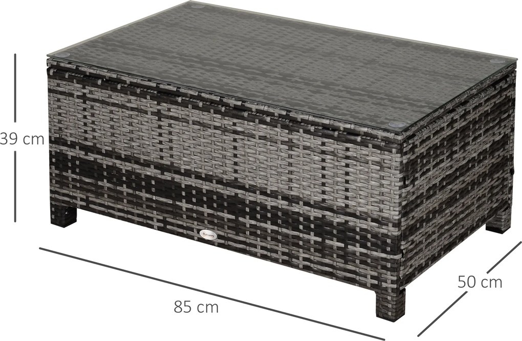 Mesa de Jardim em Vime Sintético Mesa Auxiliar com Vidro Temperado para Terraço Pátio, Varanda 85x50x39 cm Cinzento