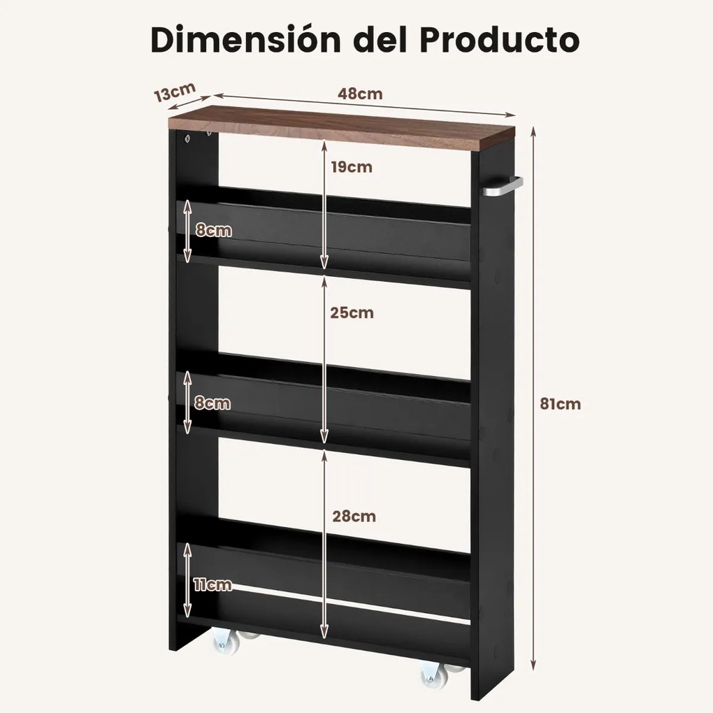 Carrinho de cozinha de armazenamento estreito para cozinha com 4 prateleiras e organizador móvel economiza espaço 48 x 13 x 81 cm Castanho + Preto