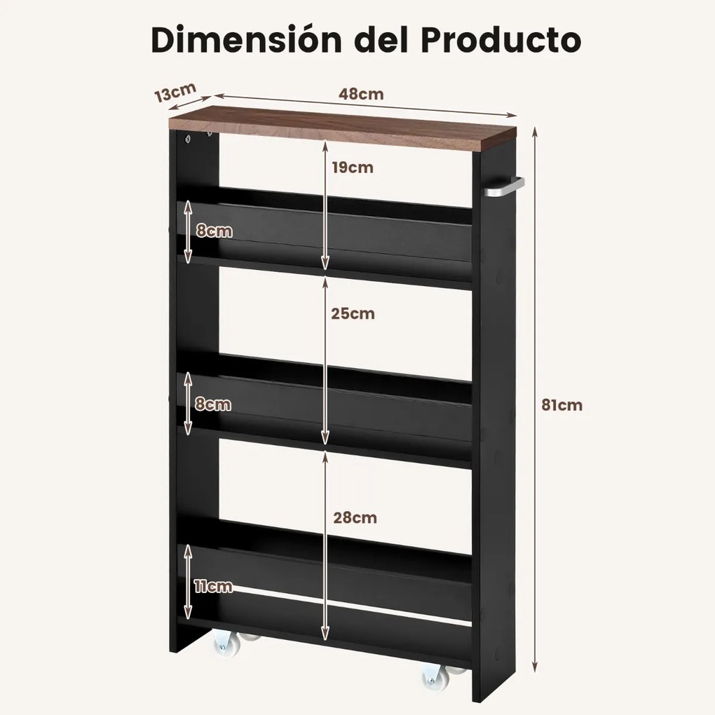 Carrinho de cozinha de arrumação estreito com 4 Estantes Rodas Organizador Móvel Economizador de Espaço para a Casa de Banho 48 x 13 x 81 cm Preto e C