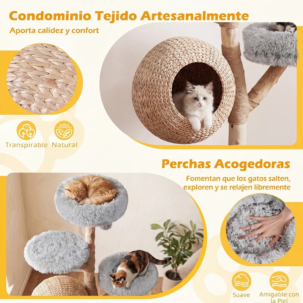 Árvore para Gatos de 5 Níveis, 59 x 59 x 134 cm, com Casota de Junco, Cinzento