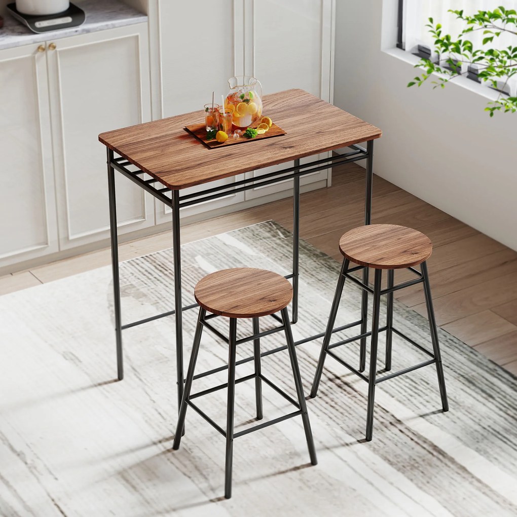 Mesa Alta de Cozinha com 2 Bancos EstiIo Industrial Prateleira Aberta Apoio para Pés para Espaços Reduzidos Castanho