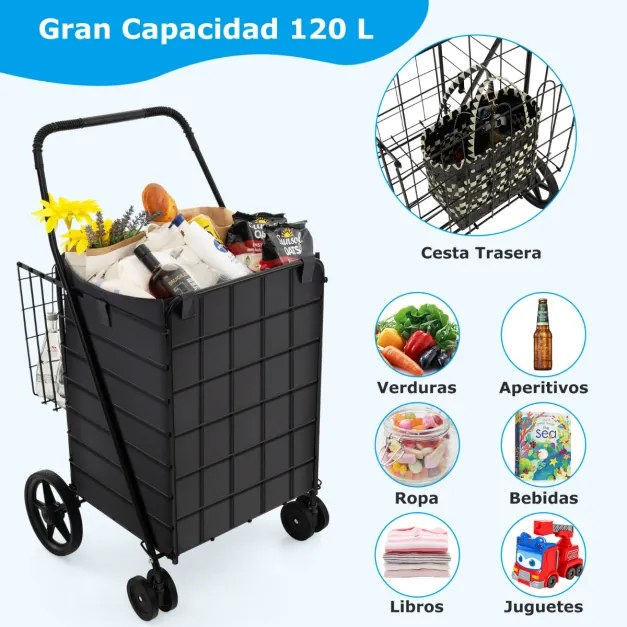 Carrinho de compras com forro oxford 120 l metal carrinho portátil dobrável duplo para carga de lavandaria de supermercado 40 kg 61 x 60 x 102 cm pret