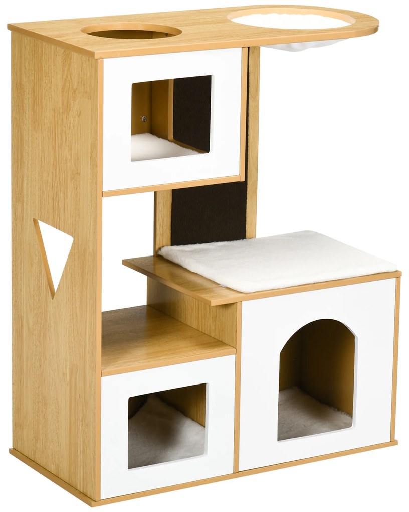 Arranhador para Gatos Altura 92,5cm Torre para Gatos com 3 Casas de Madeira Almofadas Laváveis Placa de Arranhar e Rede 76x37x92,5cm Carvalho