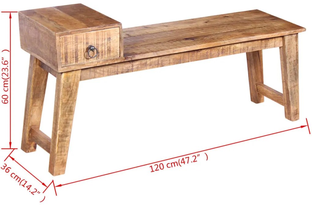 Banco com gaveta madeira de mangueira maciça 120x36x60 cm