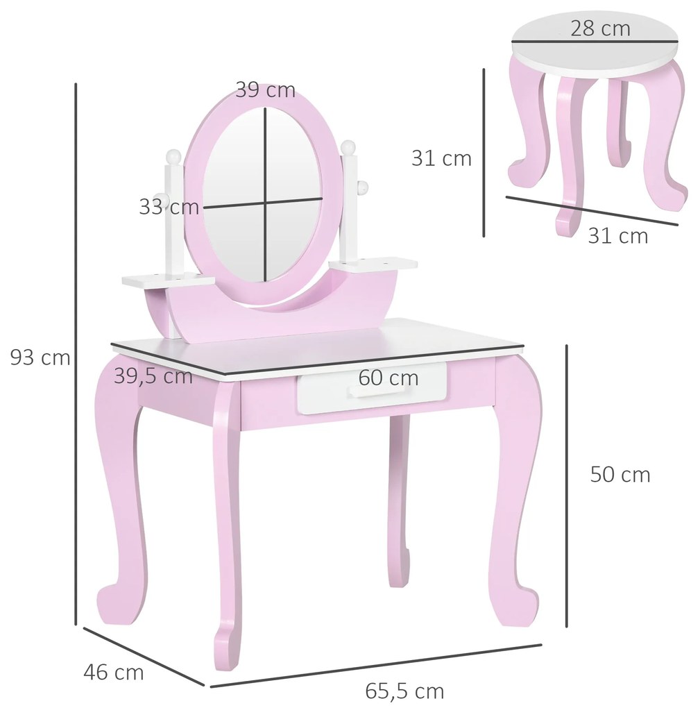 ZONEKIZ Toucador Infantil com Banco e Espelho Toucador Infantil de Madeira com Gaveta Mesa de Maquilhagem para Crianças entre 3-6 Anos 65,5x46x93cm Rosa