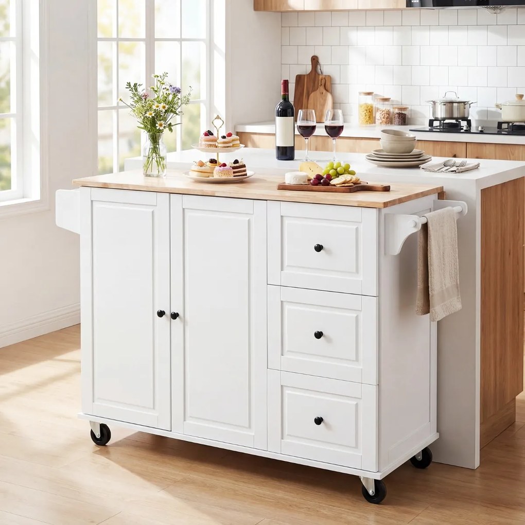 Carrinho, Ilha de cozinha dobrável com rodas 129,5 x 43/76 x 93 cm, 3 gavetas, armário, prateleiras ajustáveis, bancada em madeira de borracha, toalhe