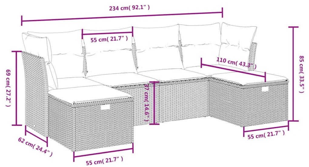 6 pcs conjunto sofás de jardim c/ almofadões vime PE preto