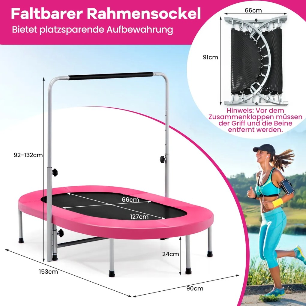 Trampolim para 2 pessoas com alça ajustável em altura Mini trampolim 154 x 90 x 92 -132 cm Rosa