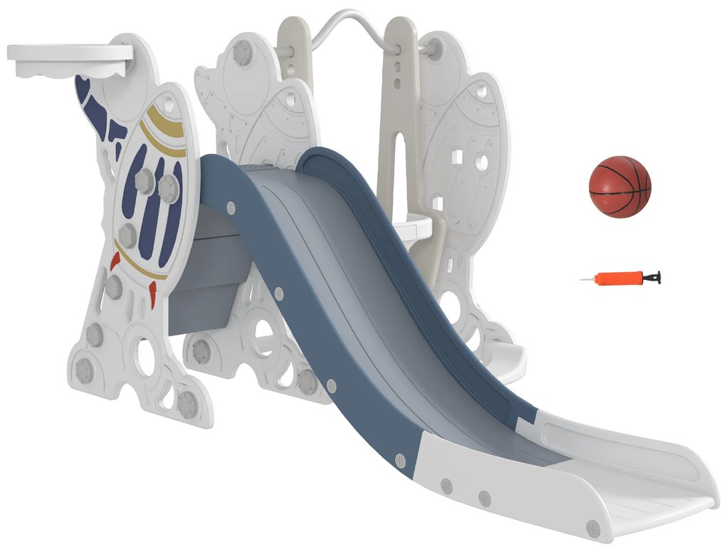 Conjunto de Escorrega e Baloiço para Crianças 3 em 1 para 18-48 Meses Cesto de Basquetebol 150x185x92 cm Branco e Azul