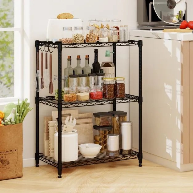 Estante metálica 59 x 34 x 79 cm ajustável de 3 níveis com grelha de arame com capacidade para 204 kg para casa, cozinha, garagem, escritorio Preta