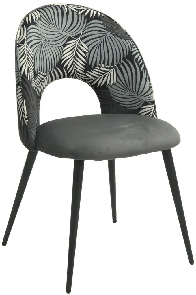 Conjunto 2 Cadeiras Cozinha, sala  ORQUIDEA, metal, tecido veludo cinza com encosto florais combinando